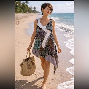 Bali Asymmetrical Patchwork Dress - Black, Brown, Cream Cotton Mesh fabric  M.